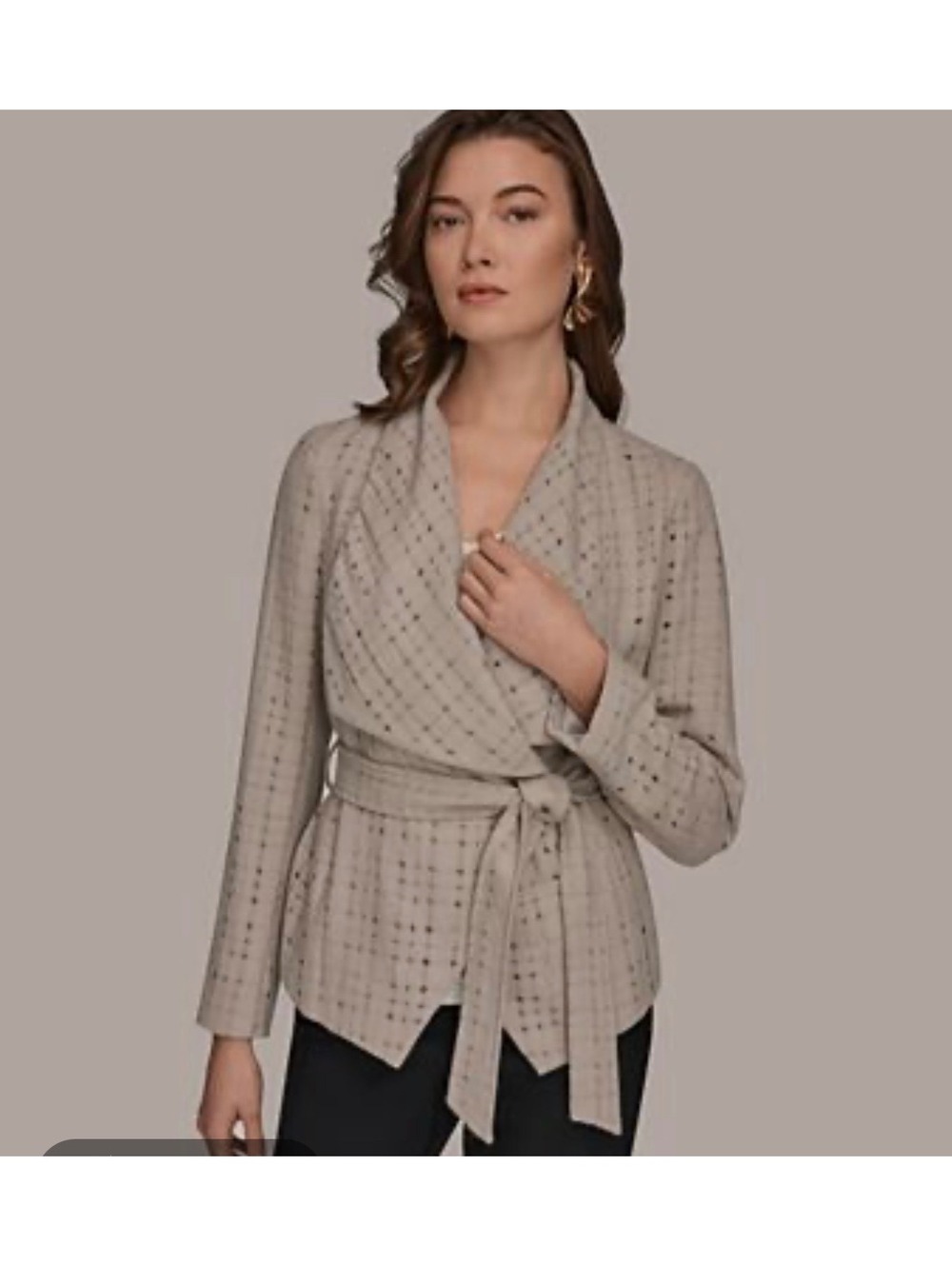 Donna Karan NWT Wool Blend Belted Wrap Jacket Eyelet Quiet Luxury Minimal L
